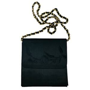 Black Clutch Purse with Optional Gold Chain Strap, Black Embordered Flowers
